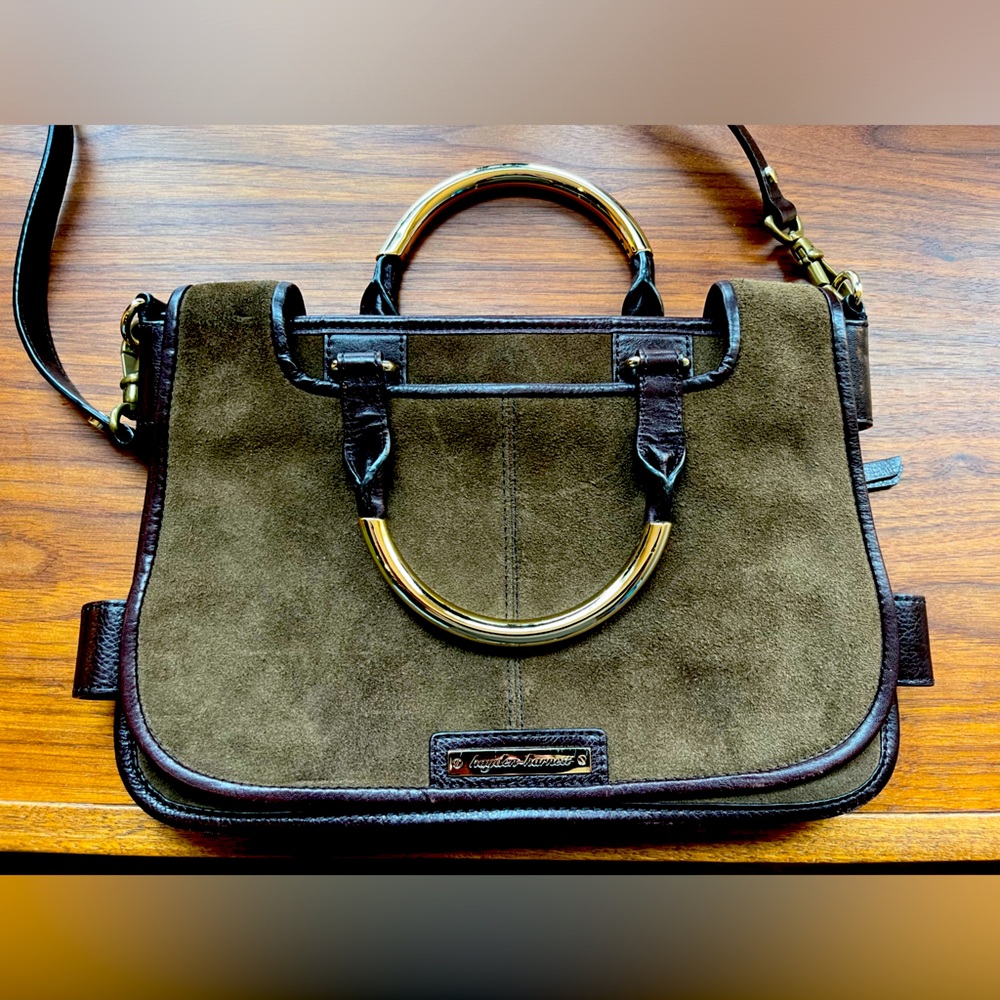Like-new suede Hayden-Harnett crossbody, convertible handbag.